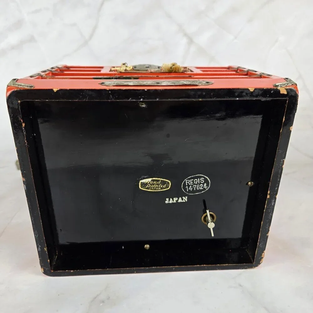 Vintage Japanese Hand Painted Jewelry Box Hinged Lid Side Drawer Wooden